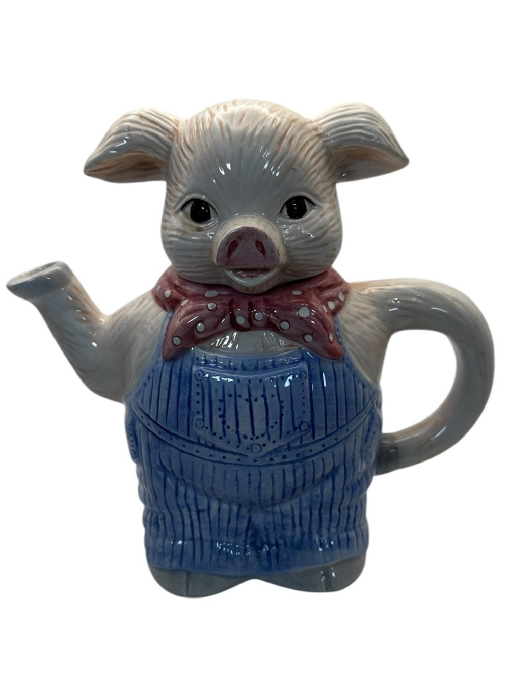 Pig Teapot Ceramic Farmhouse Cottagecore Country Pig Pitcher Blue Overalls Cute